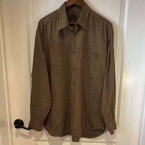 Hart Schaffner Marx Mens XL Italian Made Brown Tan Cotton Check Shirt